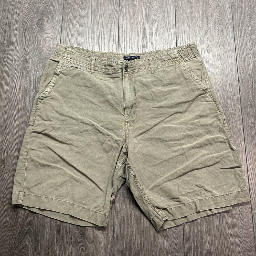 Lucky Brand Mens 38 Chino Shorts Olive Green Y2K Flat Front Casual Summer Slub